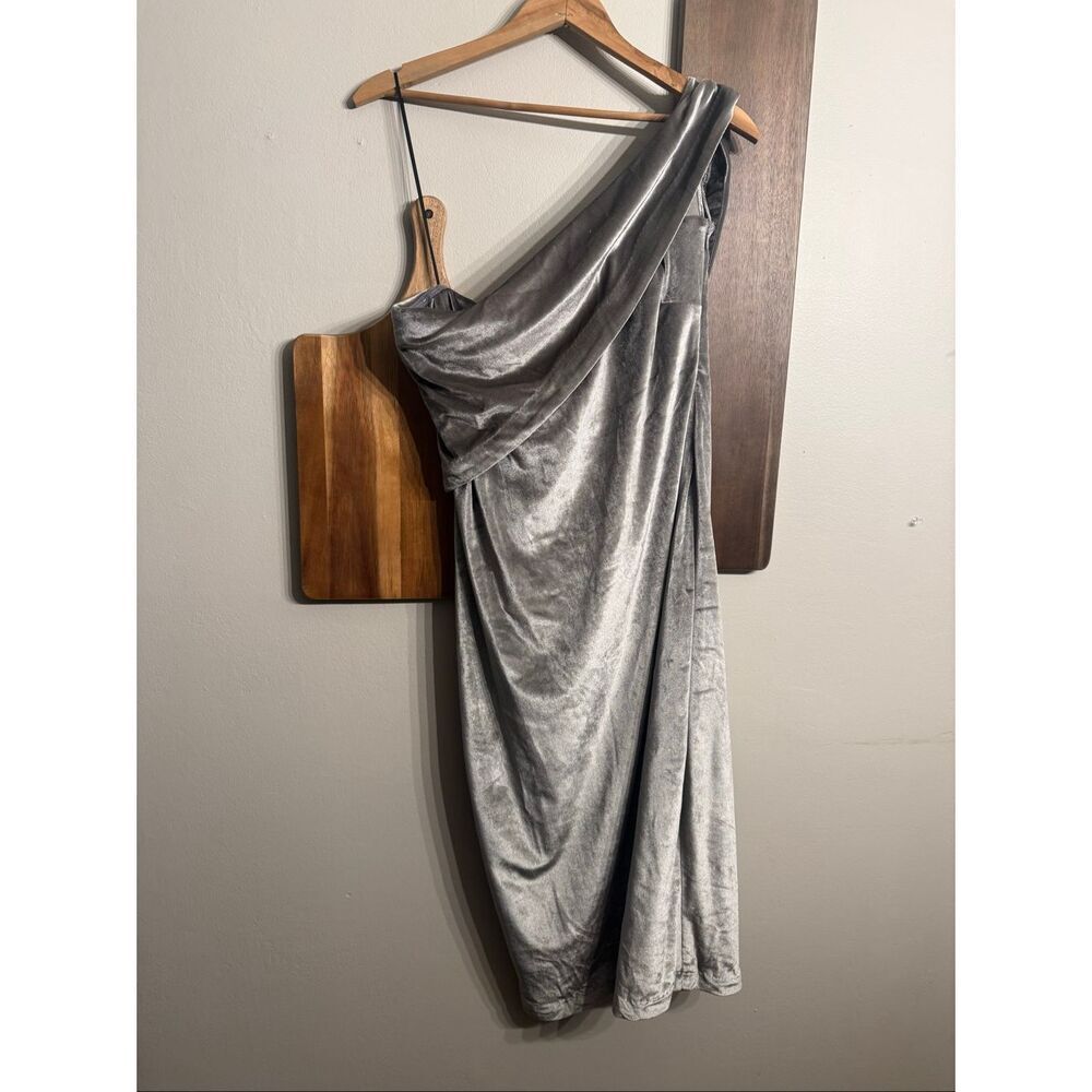 Likely Silver One Shoulder Asymmetric Drape Velvet Stretch Midi Dress Size‎ 10